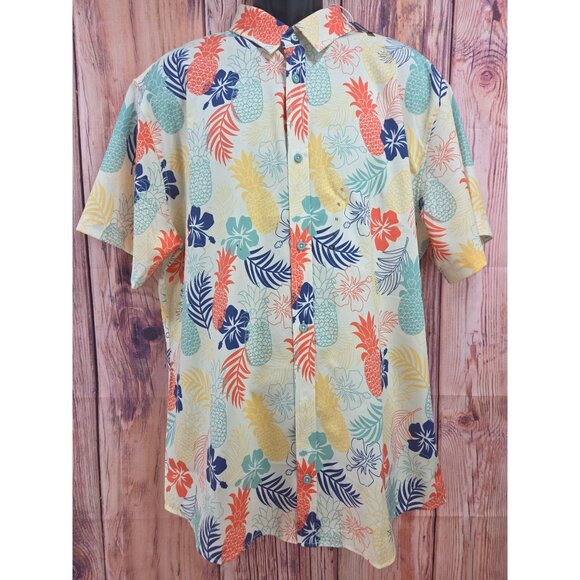 Departwest Performance Mens X-Large Hawaiian Shirt Tropical Pineapple Print - Picture 1 of 7